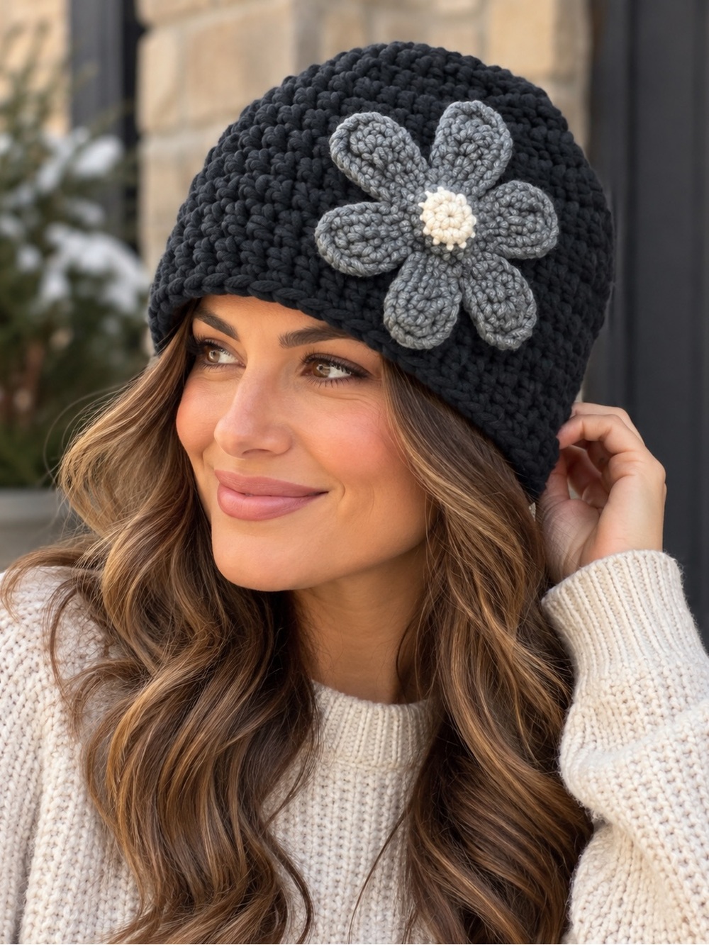 Handmade Crochet Chunky Knit Flower Beanie Black Gray Cottagecore Winter Hat